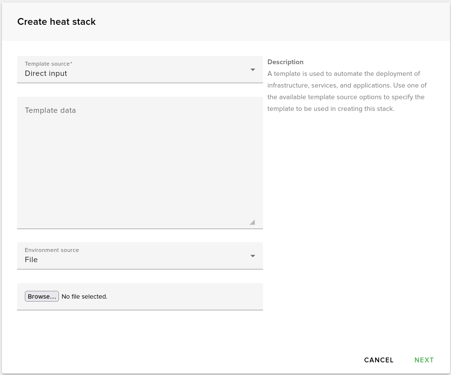 Create Heat Stack - Template and Environment form