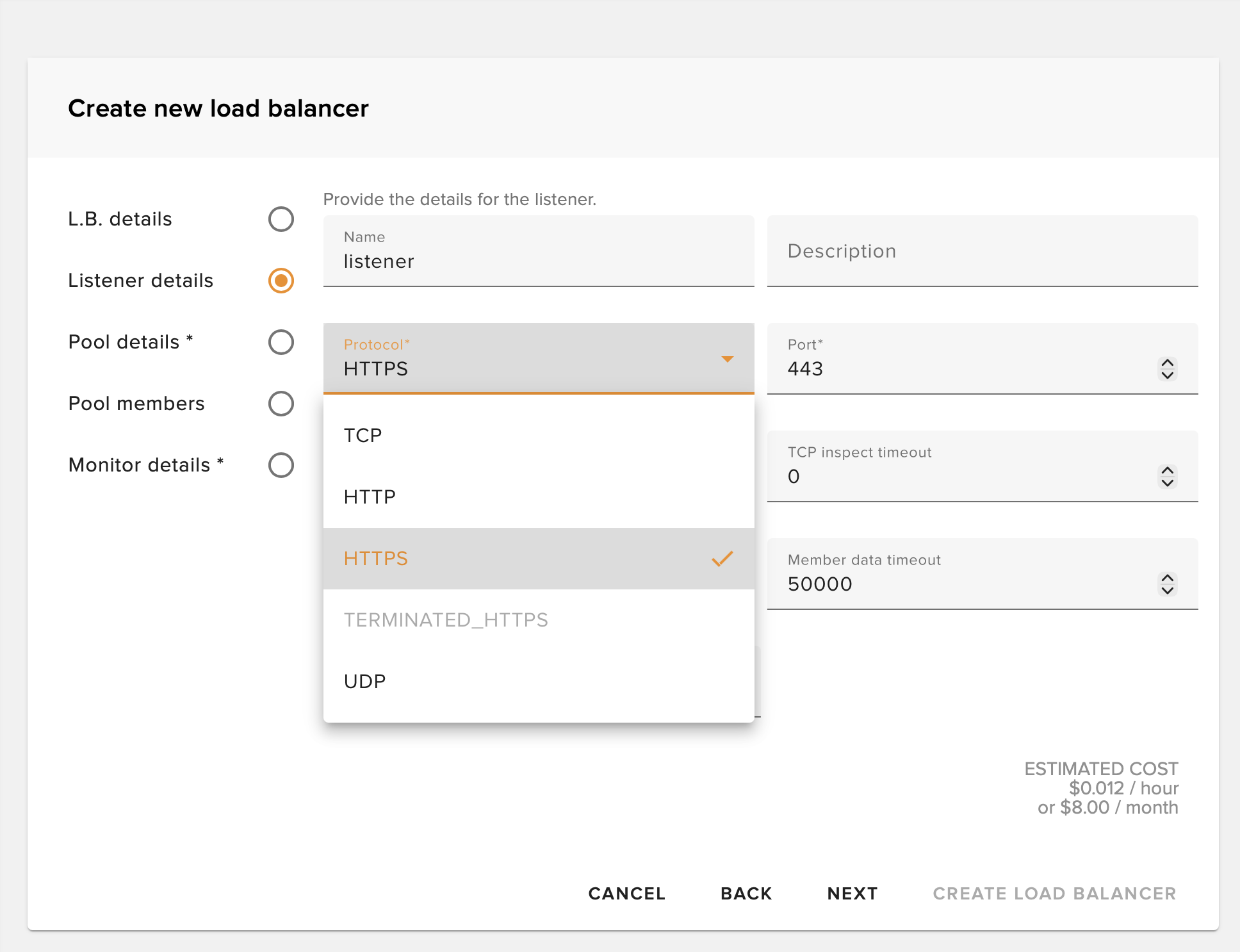 Load balancer listener configuration - set protocol and port